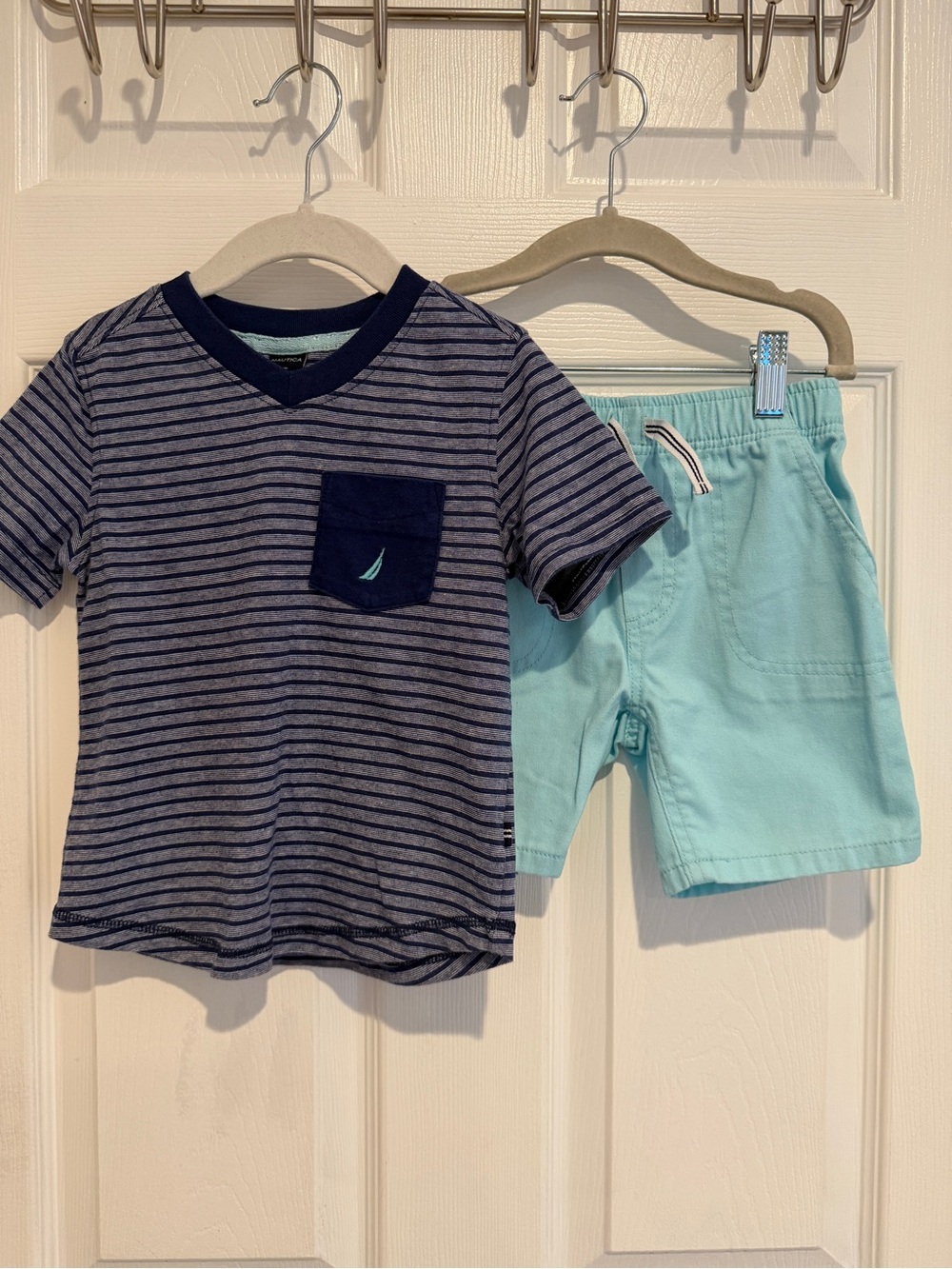 Nautica 3T Outfit Set Striped Pocket Tee & Mint Pull On Shorts